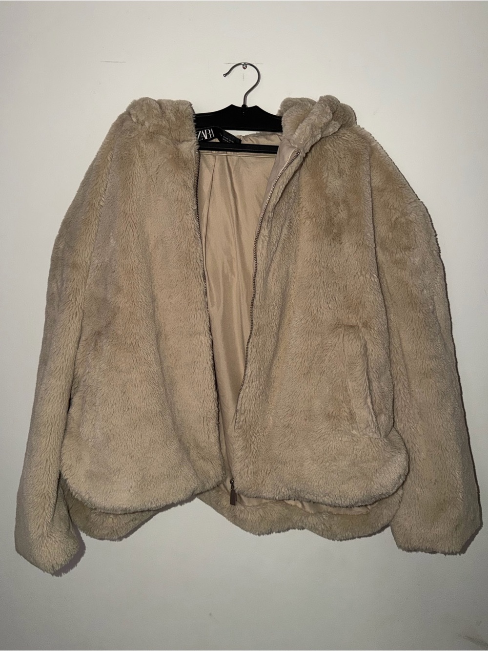 Zara Taupe/light beige Plush bomber Hooded faux fur Jacket